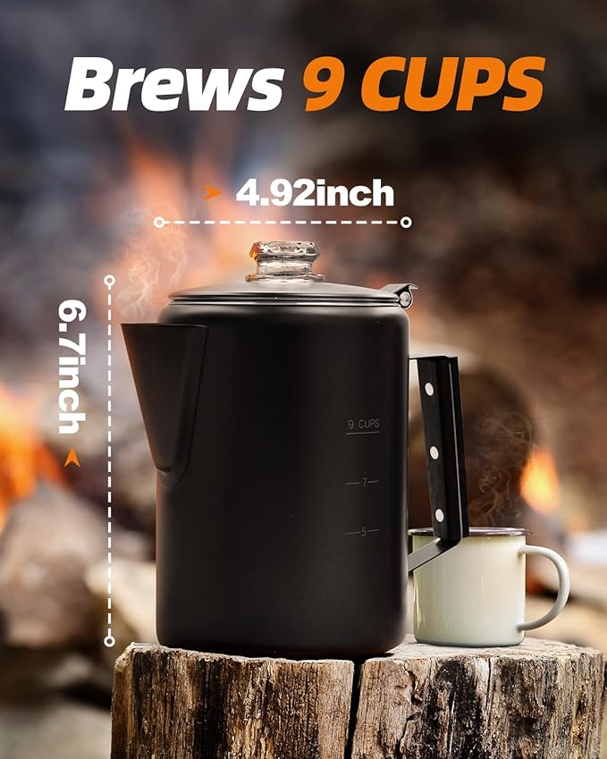 MEREZA Coffee Percolator Stovetop Camping Coffee Pot Stainless Steel 9 CUP Camping Coffee Maker Outdoor Home NO Aluminum or Plastic Black