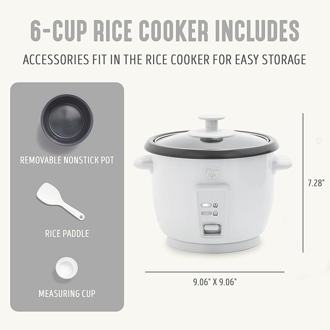 GreenLife Rice Cooker with Removable PFAS-Free Ceramic Nonstick Pot, 3-Cups