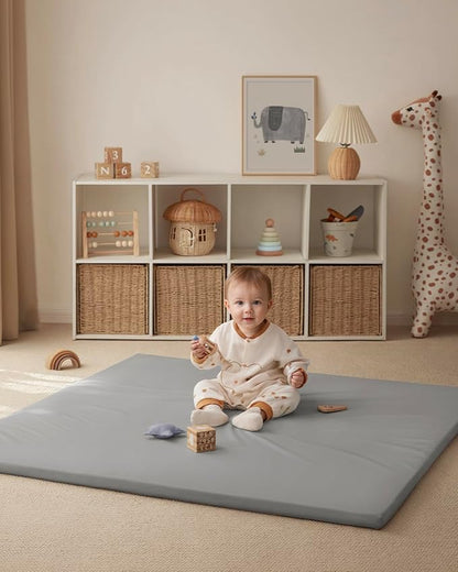 Blissful Diary Vegan Leather Baby Play Mat, 50x50 Thicken Foam Cushioned & Waterproof Playpen Mat for Infants and Toddlers, Stylish and Just Wipe-Clean Playmat for Baby Play on Floor, Light Gray