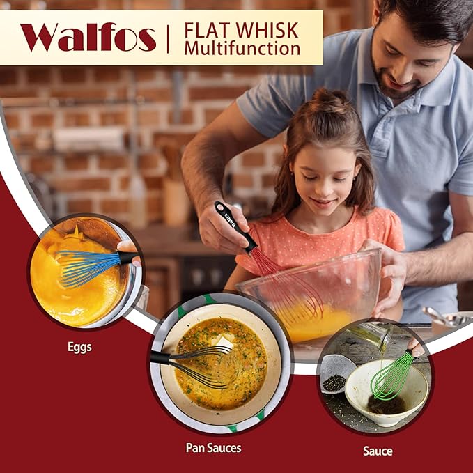 Walfos Whisk,Whisks for Cooking Non Scratch.Silicone Whisk Set of 4 Kitchen Wisk-11in Flat wisk and 7+9+11in Balloon Whisk.Nice for Mixing,Whisking and Stirring.Dishwasher Safe.(4pcs-Colorful)