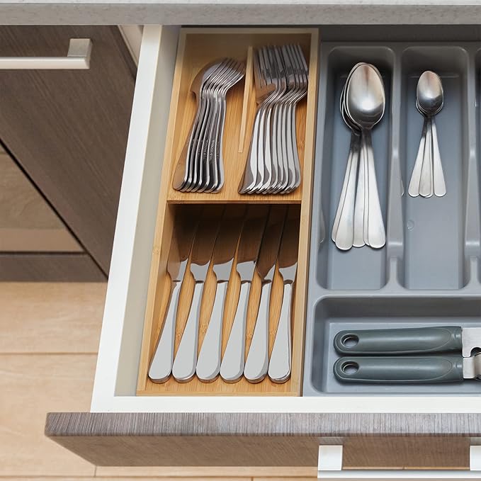 Bamboo Silverware Drawer Organizer, Kitchen Cutlery Tray,Utensil Holder for Spoons, Forks, Knives in Kitchen