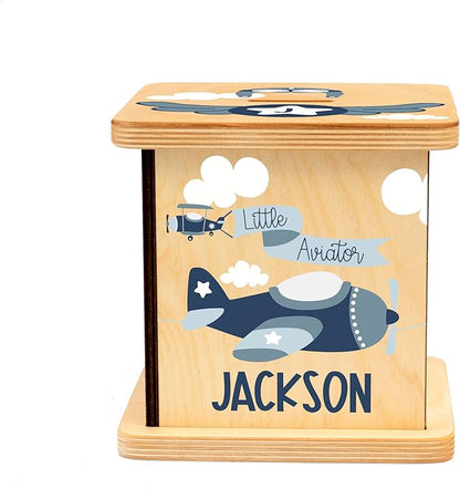 Wooden Piggy Bank for Kids and Adults, Personalized Gift Handmade in USA by BloomOwl, Custom Piggy Bank, Personalized Banks for Kids, Gifts for Baby Boys and Girls (Airplane)