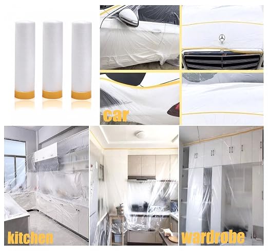 Painters Plastic With Tape, Pre-Taped Masking Film, 5 Rolls Automotive Best Tape and Drape, Paint Adhesive Protective Film Roll for Covering Skirting, Frames, Cars and Auto Body (5 X 65-Feet)
