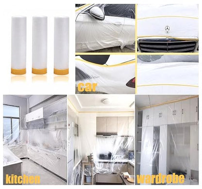 Painters Plastic With Tape, Pre-Taped Masking Film, 5 Rolls Automotive Best Tape and Drape, Paint Adhesive Protective Film Roll for Covering Skirting, Frames, Cars and Auto Body (5 X 65-Feet)