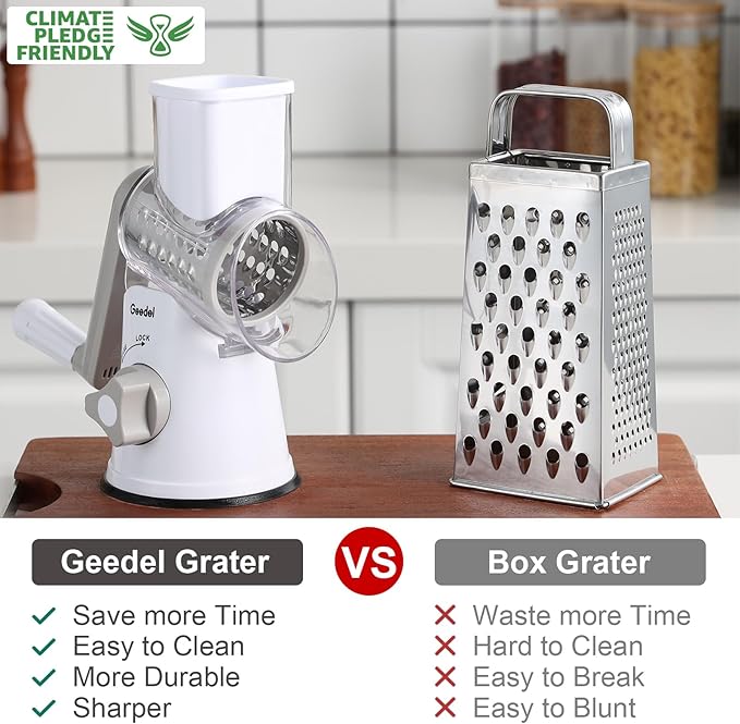 Geedel Rotary Cheese Grater, Kitchen Mandoline Vegetable Slicer with 3 Interchangeable Blades, Easy to Clean Rotary Grater Slicer for Fruit, Vegetables, Nuts