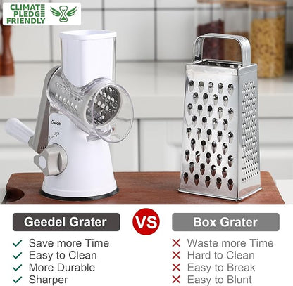 Geedel Rotary Cheese Grater, Kitchen Mandoline Vegetable Slicer with 3 Interchangeable Blades, Easy to Clean Rotary Grater Slicer for Fruit, Vegetables, Nuts