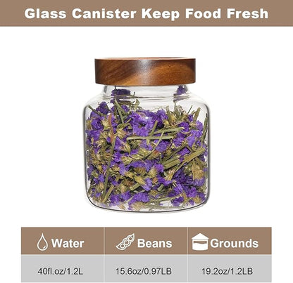 Glass Coffee Jars Spice Jar Round Storage Canister with Wooden Lid Clear Glass Food Jar for Pantry Sugar Tea Coffee Bean Spice Nuts Cookies Bath Salts (1200ml/40oz-1 Pack)
