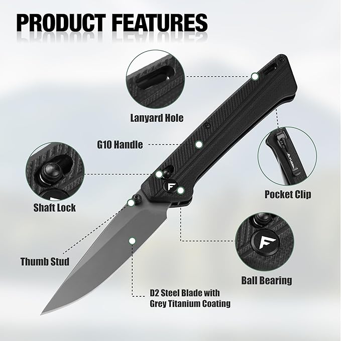 FLISSA Pocket Knife, Folding Knife with D2 Steel Blade, Shaft Lock, G10 Handle, Ball Bearing and Pocket Clip for EDC, Camping, Hiking, Fishing, Outdoor Activities