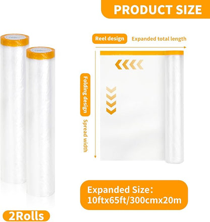Pre-Taped Masking Film 2 Pack Each 10 x 65 feet Rolls, Tape and Drape, Painters Plastic Sheeting Drop Cloth for Automotive Painting Covering, House Decoration Furniture Floor Dustproof Cover