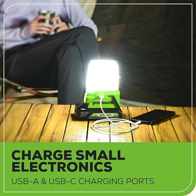 Greenworks 24V Lantern Cordless 500lm Camping Light Kit with USB-A and USB-C Port, 2Ah Battery and Charger Included