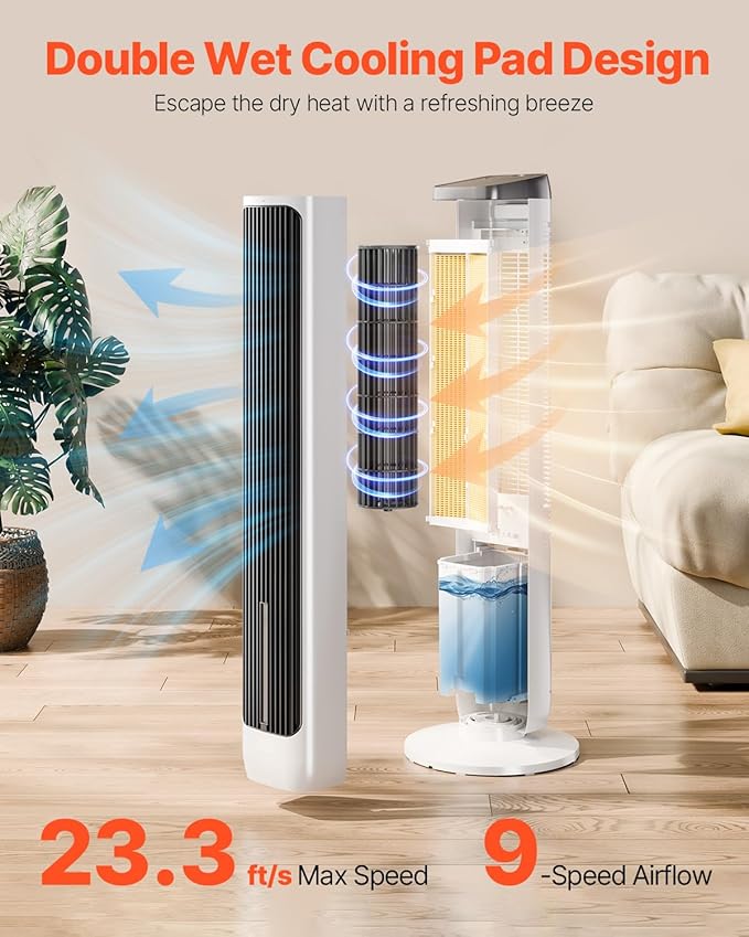 VEVOR Evaporative Air Cooler, Standing Fans that Blow Cold Air, 23.3ft/s 70°
