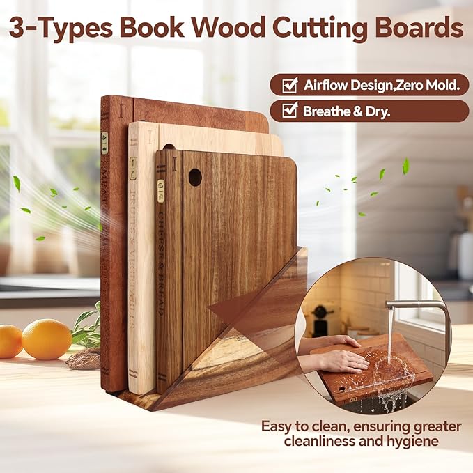 Book Cutting Board Set with Separated Stand, 3 Piece Wood Cutting Boards That
