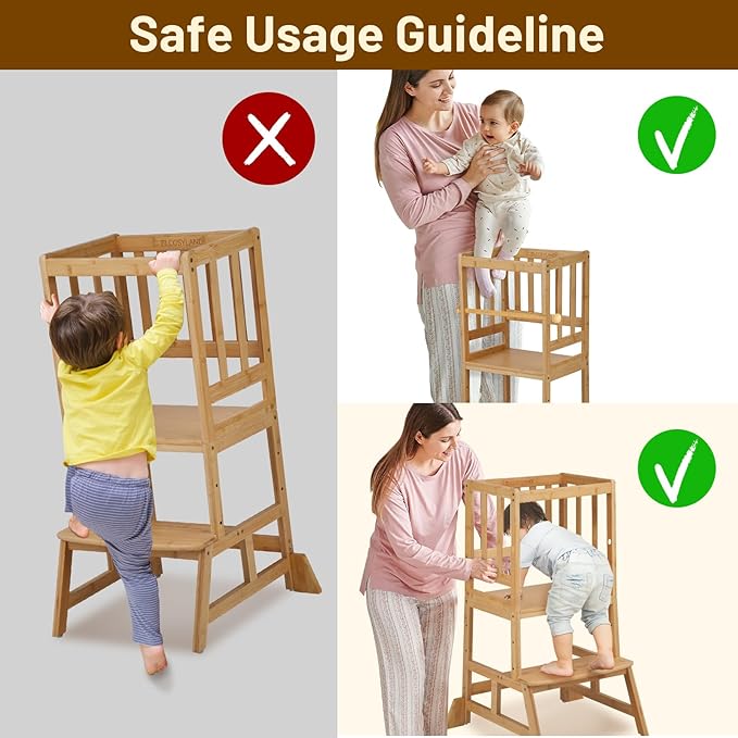 COSYLAND Toddler Standing Tower - Adjustable Height Toddler Kitchen Stool Helper - Kids Kitchen Step Stool for Learning with Removable Safety Railing Natural