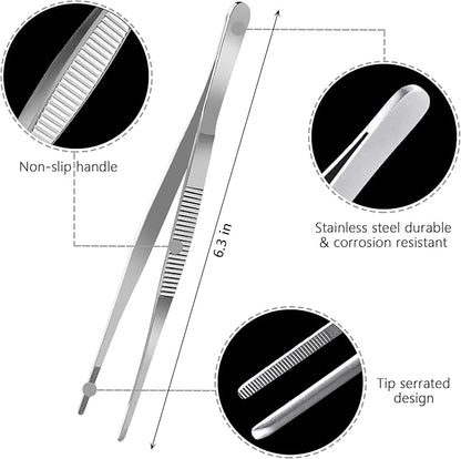 6.3 Inch Food Tweezers Stainless Steel with Precision Serrated Tips, 5PCS Kitchen Tweezers Set for Cooking, Baking, Cookie Cake Decoration, Metal Plating Tweezers