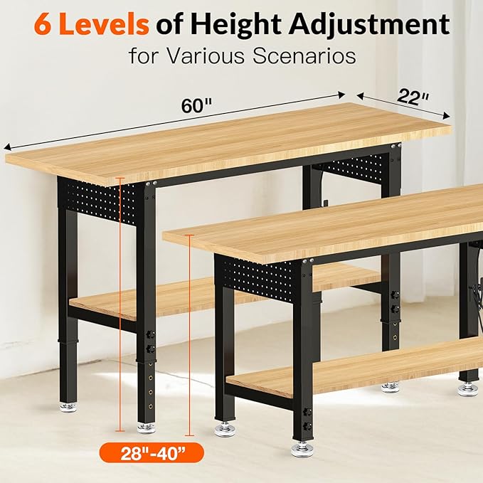 60“ Adjustable Height Workbench Work Bench for Garage Work Table with Under Table Shelf Heavy Duty Rubber Wood Top for Shop Woodworking, Office, Home, Commercial