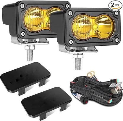 LED Pods Yellow with Wiring Harness & Black Covers 2Pcs 3 Inch Off Road Driving Light Bar LED Work Light Cube Waterproof Combo Yellow Fog Pod Lights for Truck ATV UTV Motorcycle Boat