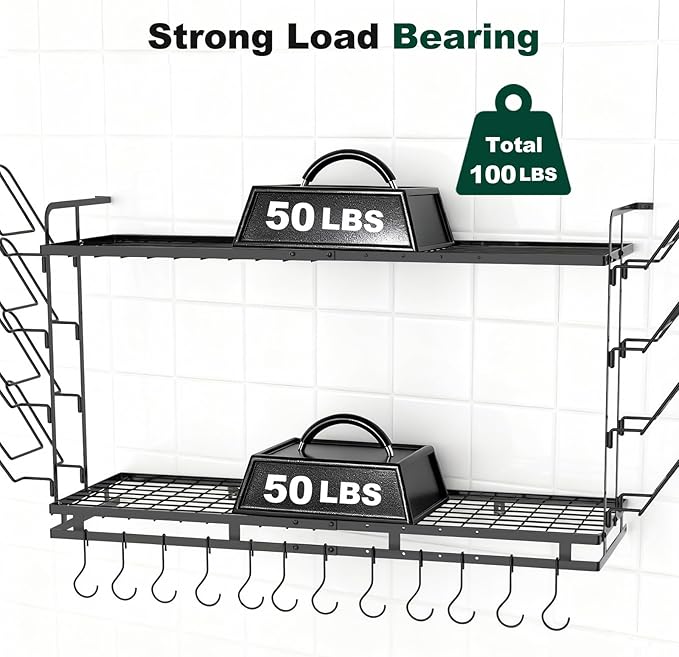 Housolution Pot Rack Wall Mounted, 3 Level Height Adjustable, 2 Tier Heavy Duty