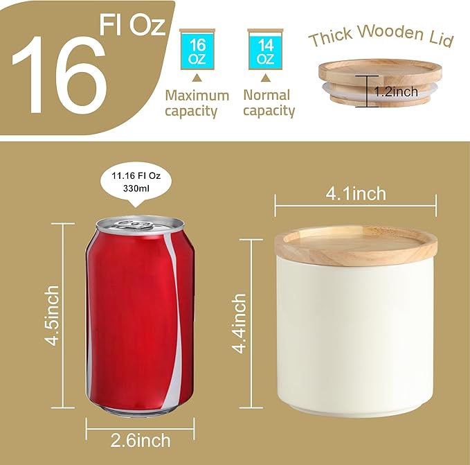 Sweejar Kitchen Canisters Ceramic Food Storage Jar, Stackable Containers with Airtight Seal Wooden Lid for Serving Ground Coffee, Tea, Sugar, Salt and More - 16 Fl Oz (Beige)