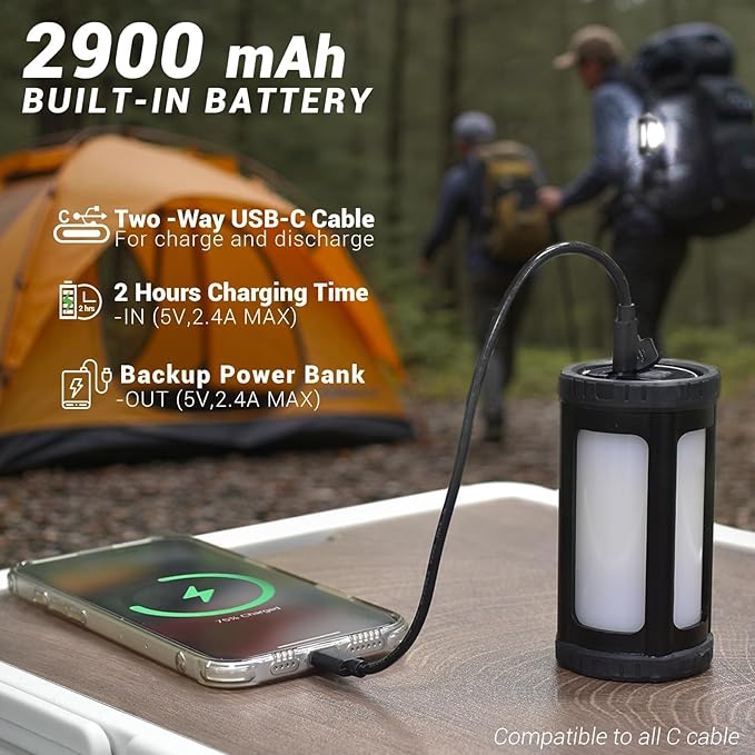Camping Lantern Rechargeable 150Hr Runtime, 600LM Ultra Bright 360° COB Camping Light, IPX7 Waterproof 2900mAh Power Bank, Portable Emergency Flashlight for Hiking Power Outage Survival Gear