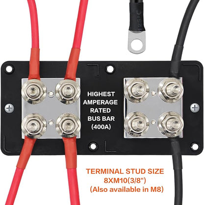 AMOMD Heavy Duty 400A 12-48V Tin-Plated Copper Block Bus Bar 8xM10 Studs