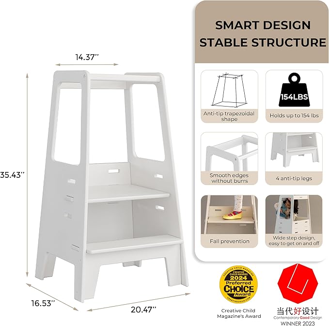 AVDAR Toddler Standing Tower Wooden Toddler Stool for Kitchen Adjustable, Winner 2023 of Contemporary Good Design, Montessori Kitchen Tools