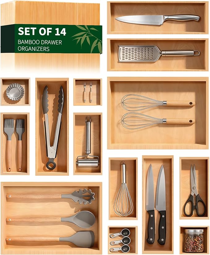 Bamboo Drawer Organizer 14 Pcs for Kitchen Multi-purpose Storage Dividers for