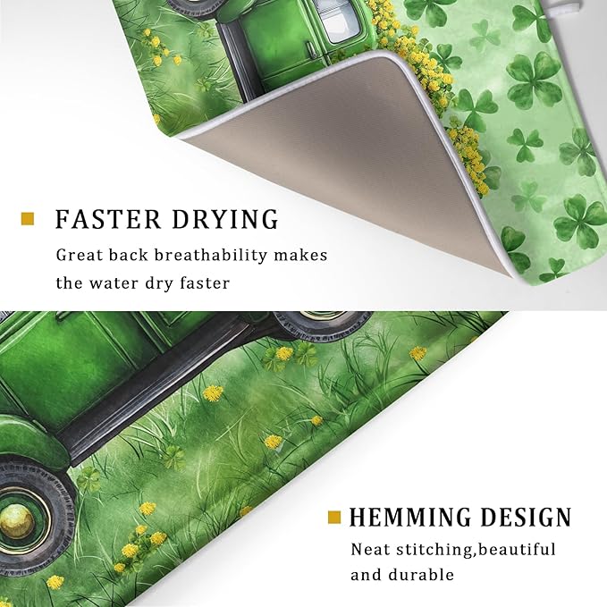 Green Holiday Dish Drying Mat Lucky Clover Truck Drying Mat