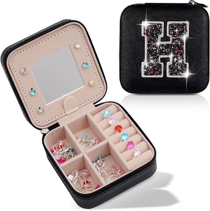 Monogrammed Gifts for Women - Jewelry Case for Women Trendy Jewelry Box Fashion Cute Jewelry Organizers and Storage Aesthetic,Travel Essentials Birthday Gifts for Girls Women | Black,H