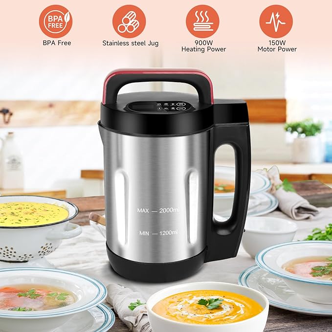Homtone Soup Maker 2L, Makes 2-6 Servings, 6-in-1 Multifunctional Smooth and