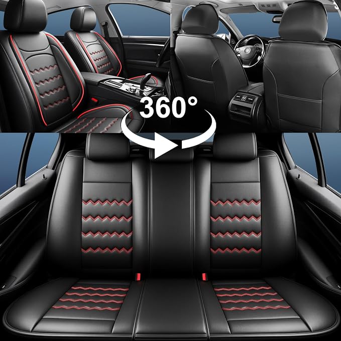Fusion Car Seat Covers Fit for Ford Fusion 2006-2020, Premium Full Coverage Leather Automotive Seat Protectors, All Seasons Waterproof Breathable, Airbag Compatible (2 Front Seats, Red Black)