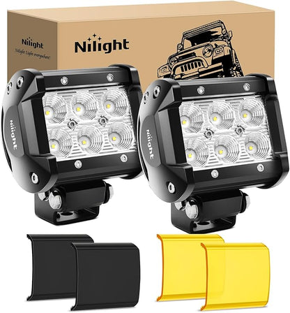 Nilight LED Light Pod with Yellow Black Covers 2PCS 18W 1260LM Flood Off Road Lights Super Bright Driving Fog Boat Lighting Pods for Trucks Pickup Golf Cart SUV ATV UTV 4x4 Van Camper