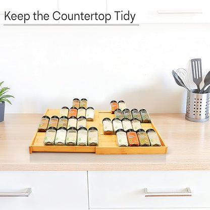 Bamboo Spice Drawer Organizer, Expandable 4 Tier Spice Rack