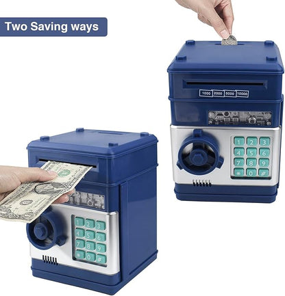 Piggy Bank Electronic Mini ATM for Kids Toy, Safe Money Saving Box Coin Banks Password Code Lock for 3-14 Years Old Kids, Boys Girls Ideal Gift (Grey Blue)