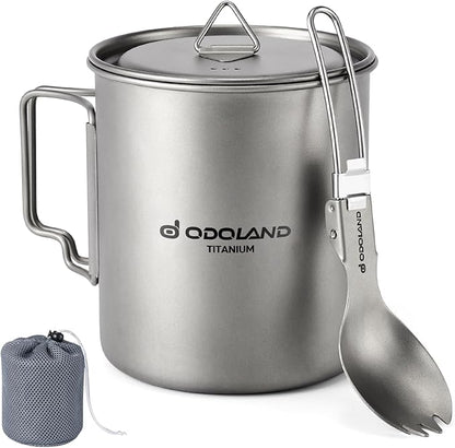 Odoland Titanium Camping Cookware 420ML Titanium Pot with Lid and Spork Lightweight Camping Pot for Backpacking Hiking Traveling and Picnic