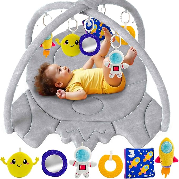 QUOKKA Baby Play Gym XL – Rocket-Shaped Baby Play Mat with 6 Large Sensory Toys – Tummy Time Mat for Infant Development – Machine Washable Newborn Essentials Must Haves – Gender Neutral Gift Items