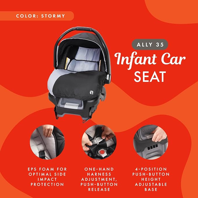 Baby Trend Ally Newborn Baby Infant Car Seat Carrier Travel System with Harness and Extra Cozy Cover for Babies Up to 35 Pounds, Stormy