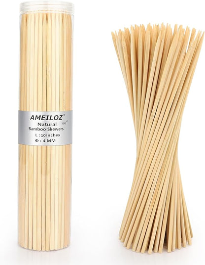 10" Barbecue Skewers, Bamboo Wooden Kabob Skewers for Appetizer, Fruit, Sausage, Chocolate Fountain, Kebob Skewer Stick, Organic Wood Food Sticks for BBQ Grilling, Kitchen (Φ=4mm Thick, 100PCS)