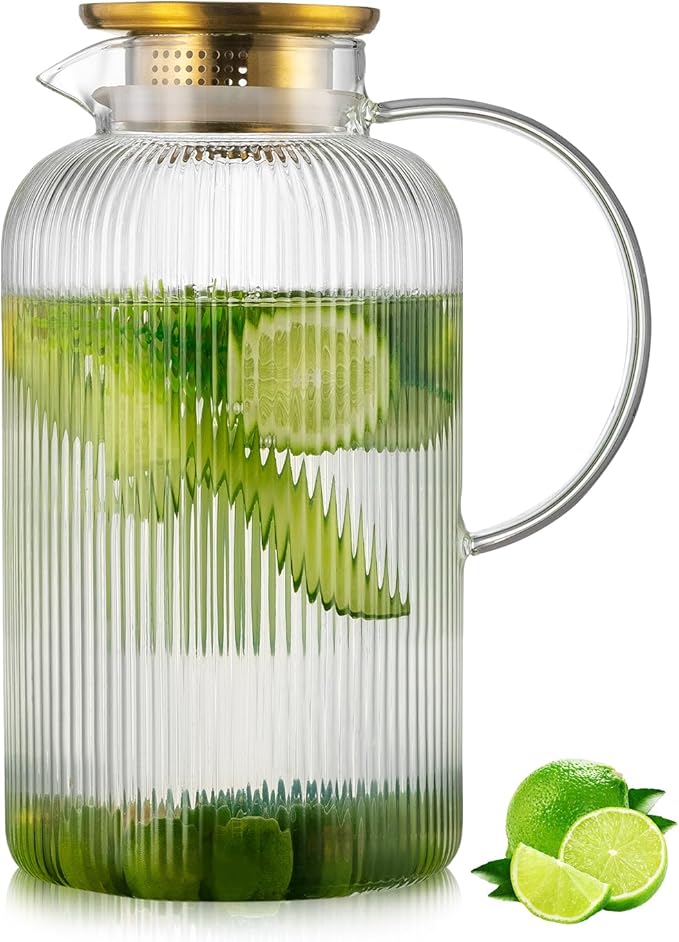 Buaic Glass Pitcher with Lid, 100 oz/ 3 Liter Classic Vertical Stripes Water