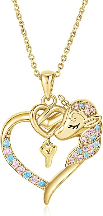 Unicorn Necklaces for Teen Girls Kids - Colorful CZ 18K Gold Plated Heart Initial Necklaces for Women Gold Jewelry Birthday Unicorn Gifts for Girls 6-8 Women