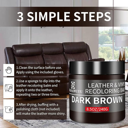 Leather Recoloring Balm,8.5oz Leather Color Restorer,Dark Brown Leather Repair kit for Furniture and Car Interior,Leather Couch Scratch Repair,Leather Dye Paint for Faded,Cracked and Damaged Leather