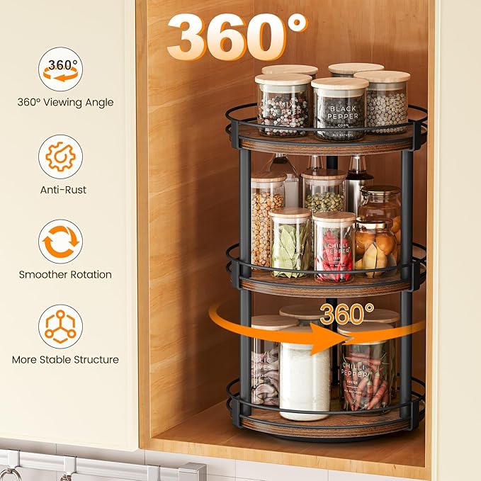 Snughome Lazy Susan Organizer, 3 Tier Rotating Spice Rack, Turntable Lazy Susan