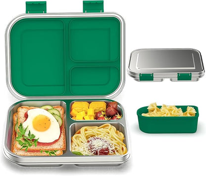 Stainless Steel Bento Box Kids, 3 Compartments Leak Proof Metal Bento Lunch Box, 304 Stainless Steel Bento Lunch Containers for School and Office,Dishwasher Safe, BPA-Free-Green