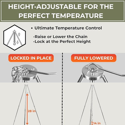 Tactiko Survival Campfire Cooking Tripod ??33" Stainless Steel Folding Stand with Adjustable Chain ??Compact & Lightweight Outdoor Gear for Hanging Kettles, Pots & Percolators ??Carry Bag Included