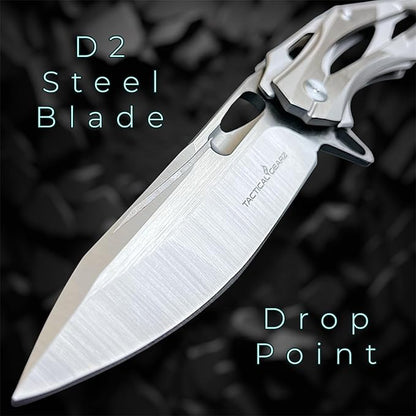 TACTICAL GEARZ Stainless Steel Pocket Knife, Brushed Nickel Stainless Steel Handle, D2 Steel Blade, Includes Sheath (Kronus)