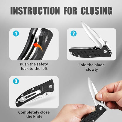 Harita Pocket Knife Folding EDC Knife with Belt Clip, 2.76 inch 8Cr13MoV Straight Edge Blade, G10 Handle, Foldable Knife for Camping Finshing Hunting Survival for Men Women Black