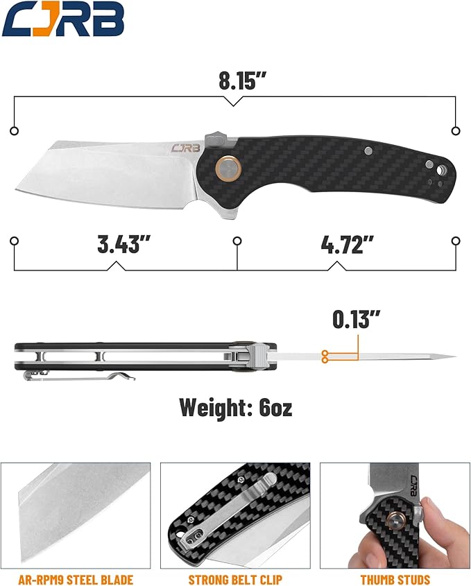 CJRB Crag Tactical Knife,Cleaver Pocket Folding Knife with Stonewash AR-RPM9 Steel Blade and Carbon Fiber Handle for Men Outdoor, Survival, Camping and EDC Black (J1904R)
