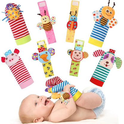 Wrist Rattles Foot Finder Rattle Sock Baby Toy, Rattle Toy, Arm Hand Bracelet Rattle, Feet Leg Ankle Socks, Activity Rattle Present Gift for Newborn Infant Babies Boy Girl Bebe (8 pcs-A)