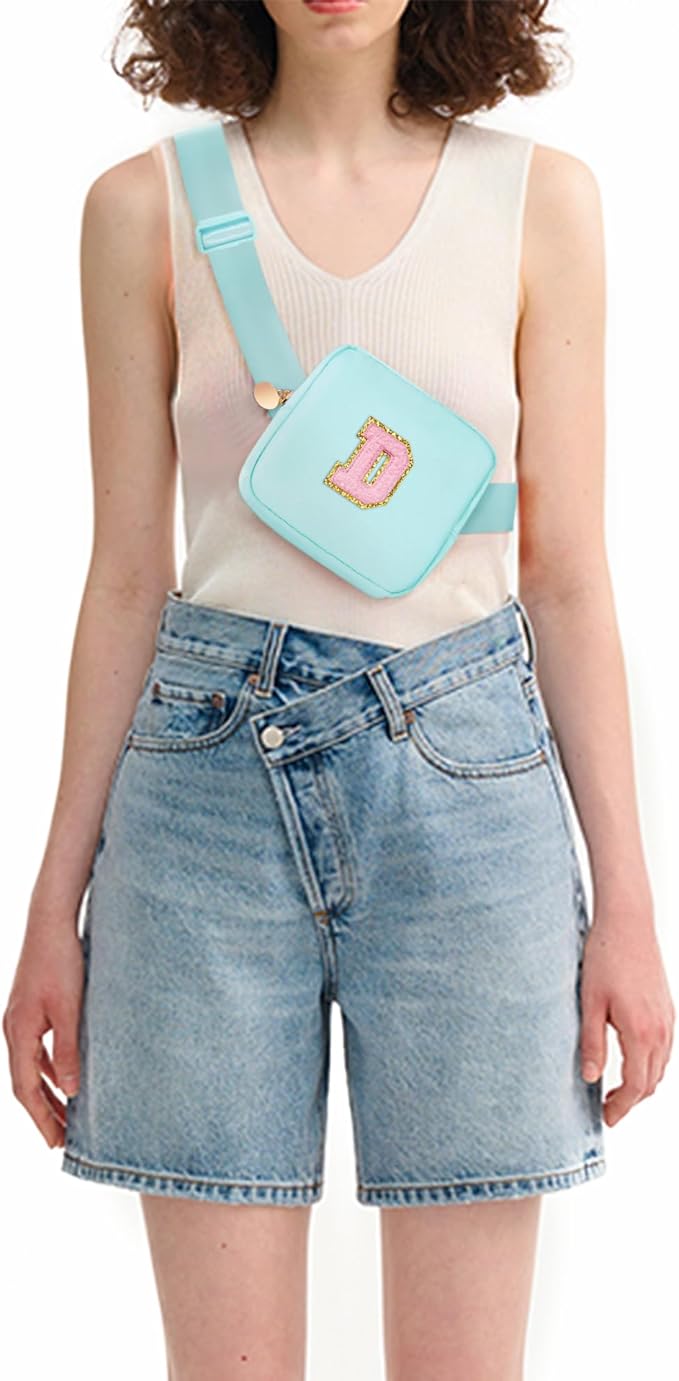 Mini Belt Bag Fanny Pack with Initials Letter Patch Small Crossbody Bags Cute Stuff Birthday Gifts for Teenager Girls Trendy Stuff for Teens - D,Blue