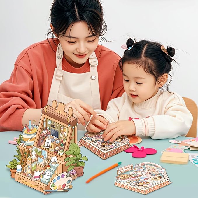 Girls 3D Miniature Scene Stickers, 4 Sets Storage Box DIY House Stickers for Dessert House,Tea Room,Painting Studio,Game Park,Cute 3D Cartoon Sticker Scenes for Adult Kids Relief Stress Pass The Time