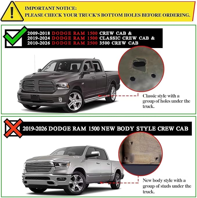 COMNOVA Running Boards Compatible with 2009-2018 Dodge Ram 1500 Crew Cab(Incl. 2019-2024 Classic), 10-26 Ram 2500 3500, 6 Inch High Light Stainless Steel Step Bars Nerf Bars Steps.